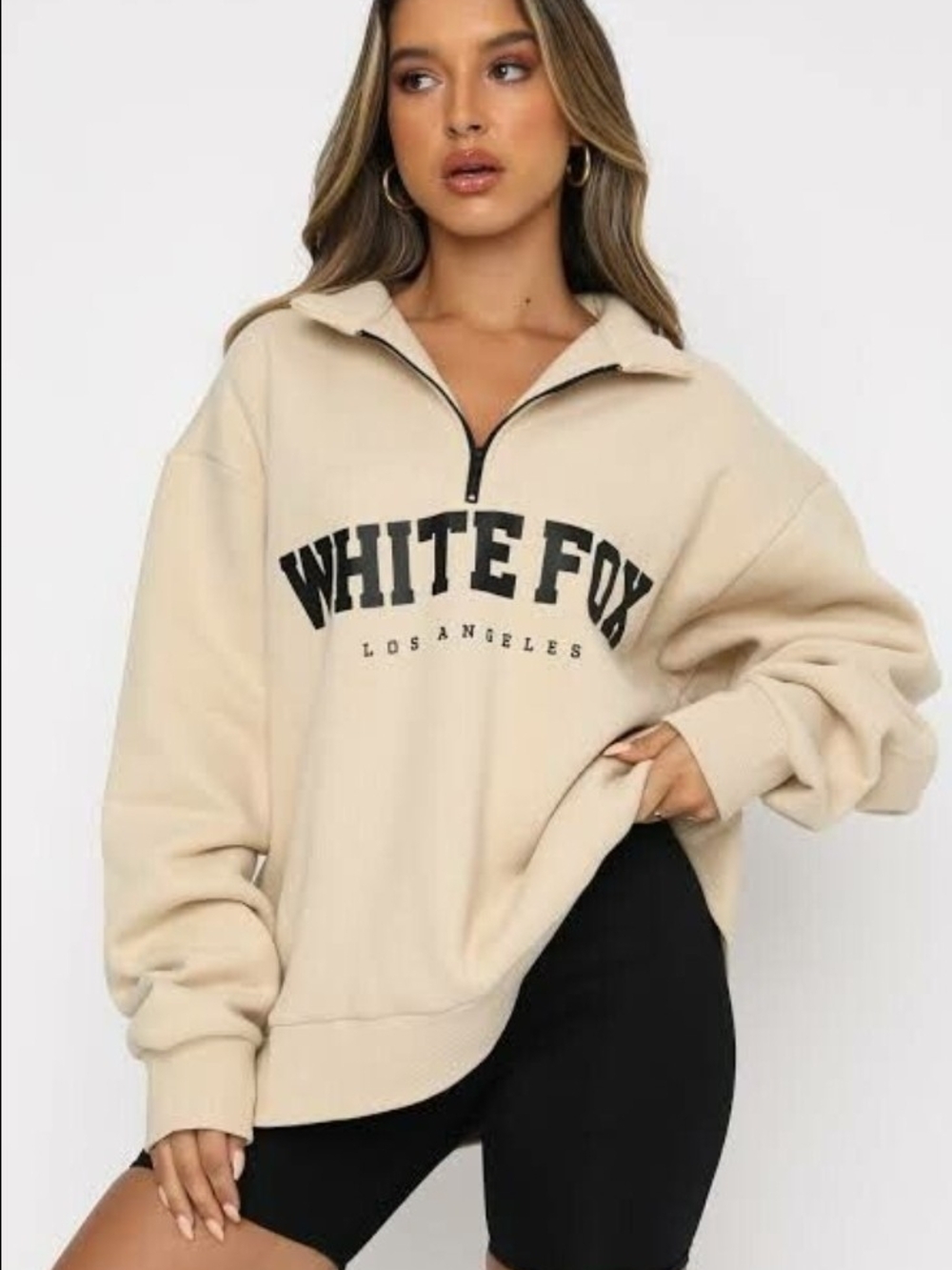 White Fox Boutique Half-Zip Los Angeles Sweatshirt in Sand